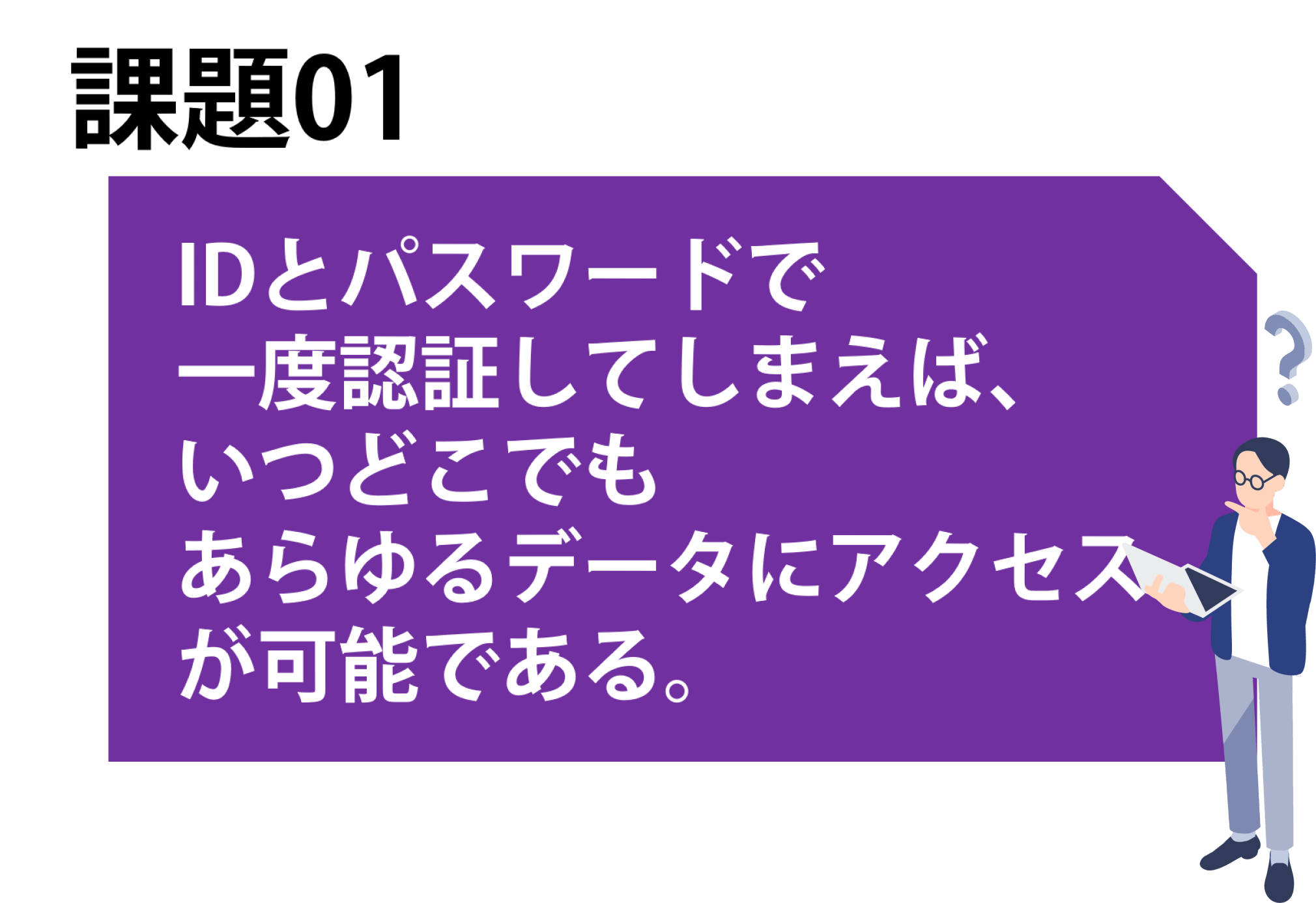 課題01 IDとパスワードで一度認証してしまえば、いつどこでもあらゆるデータにアクセス可能である